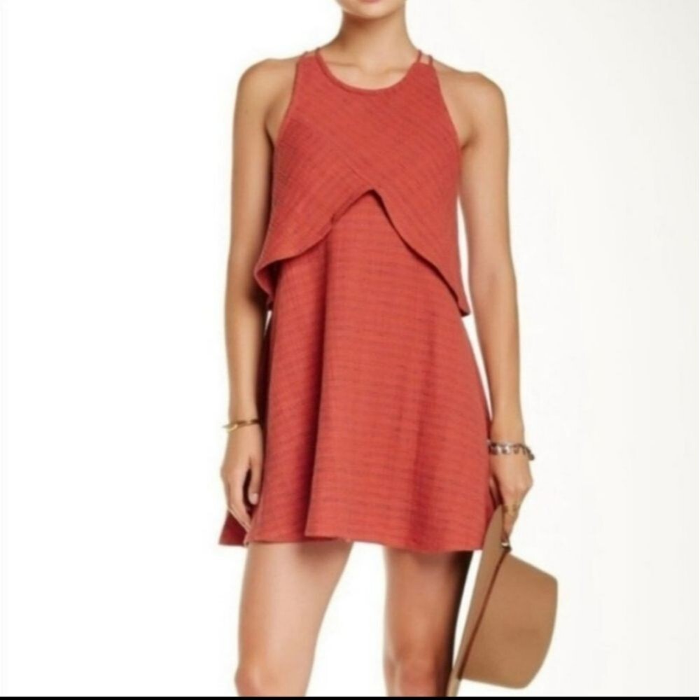 Free People Novelty Orange With Blue Linen Cotton Blend Open Back Mini Dress S